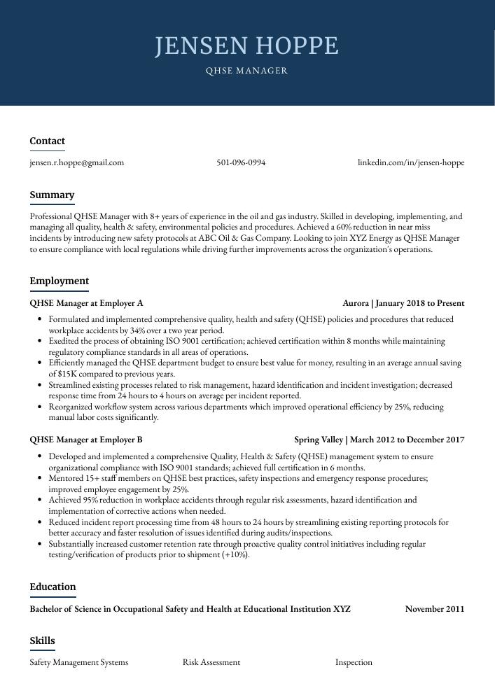 QHSE Manager Resume