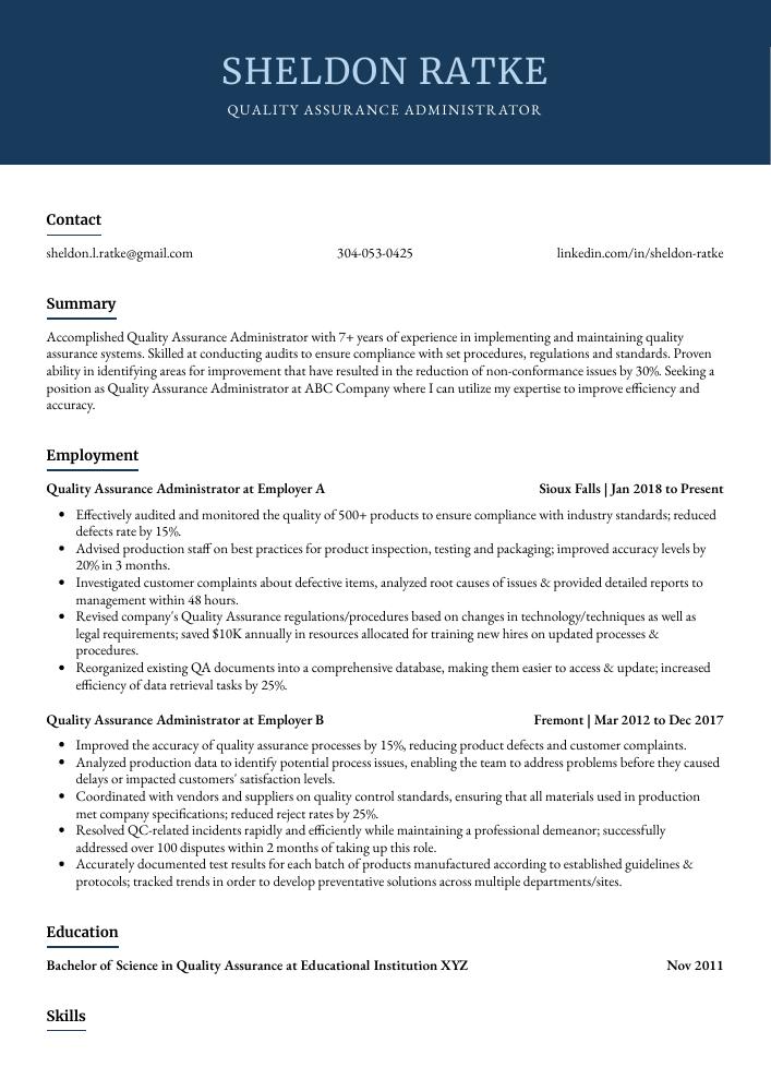 Quality Assurance Administrator Resume