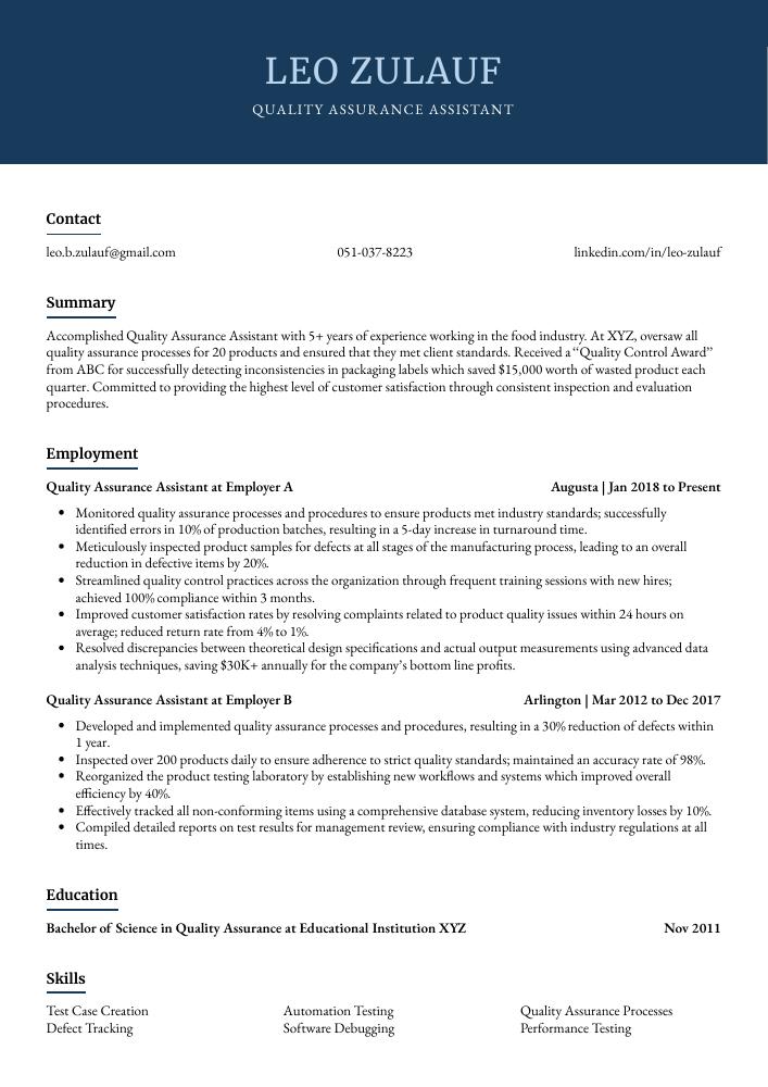 Quality Assurance Assistant Resume