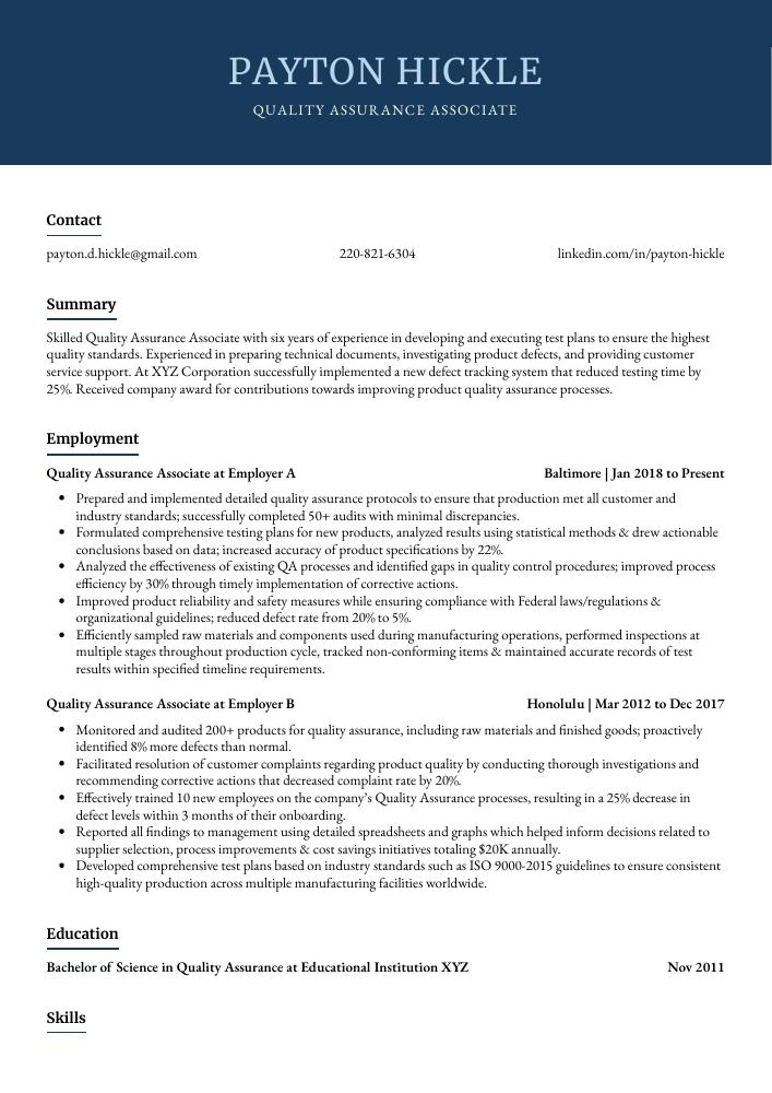 Quality Assurance Associate Resume