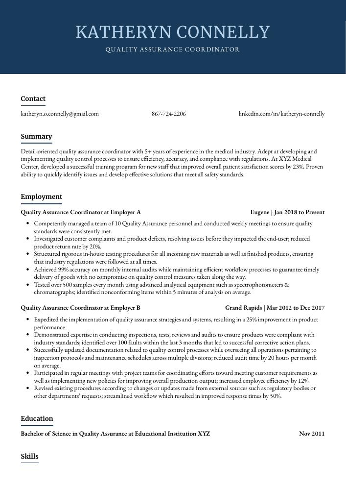 Quality Assurance Coordinator Resume