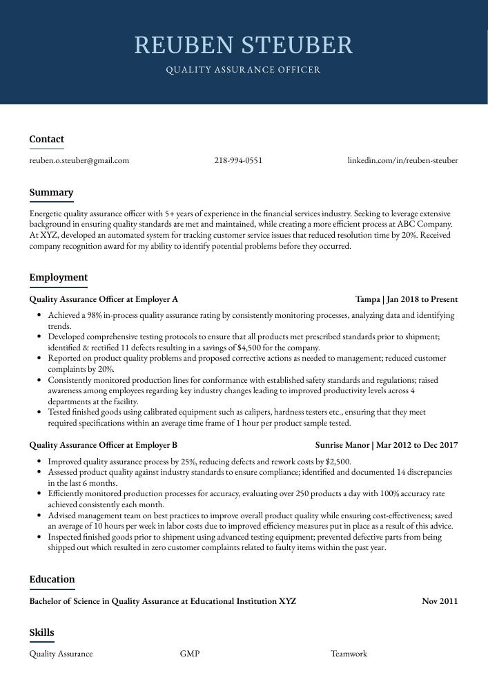 Quality Assurance Officer Resume