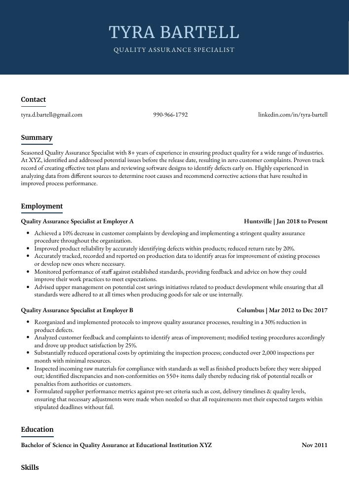 Quality Assurance Specialist Resume