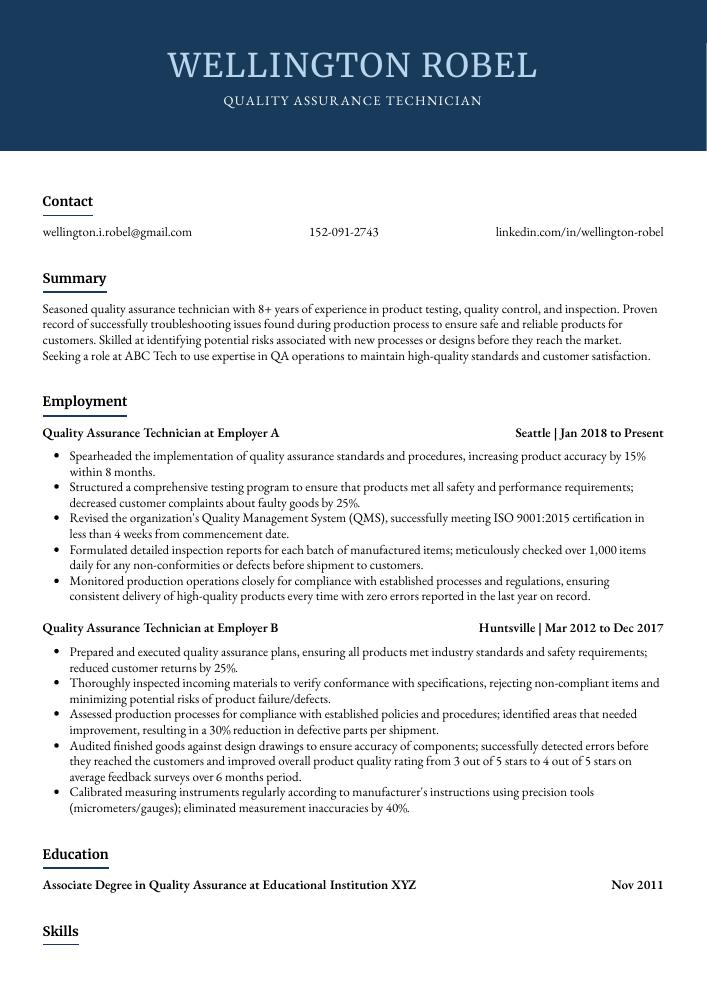 Quality Assurance Technician Resume