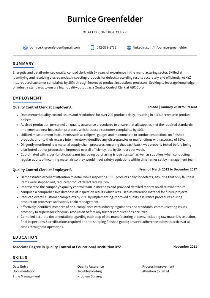 Quality Control Clerk Resume