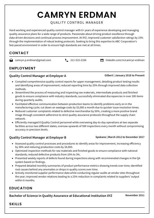 quality control manager resume examples