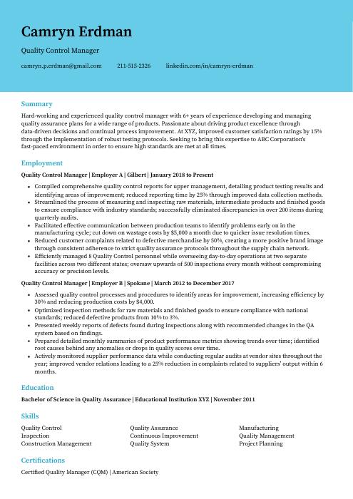 quality control manager resume examples