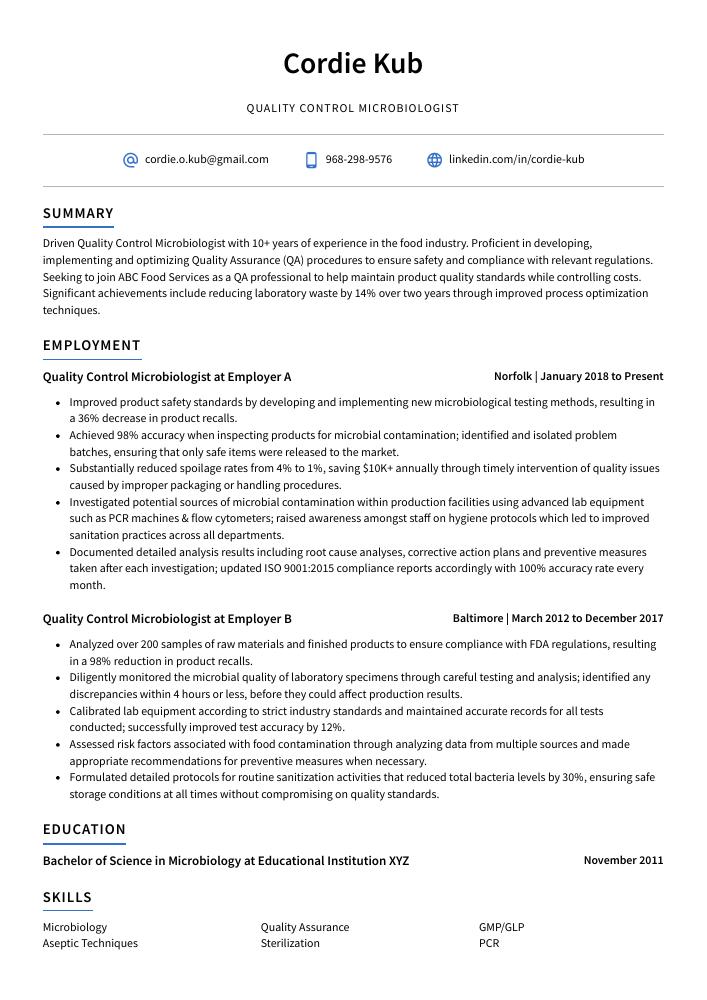 Quality Control Microbiologist Resume