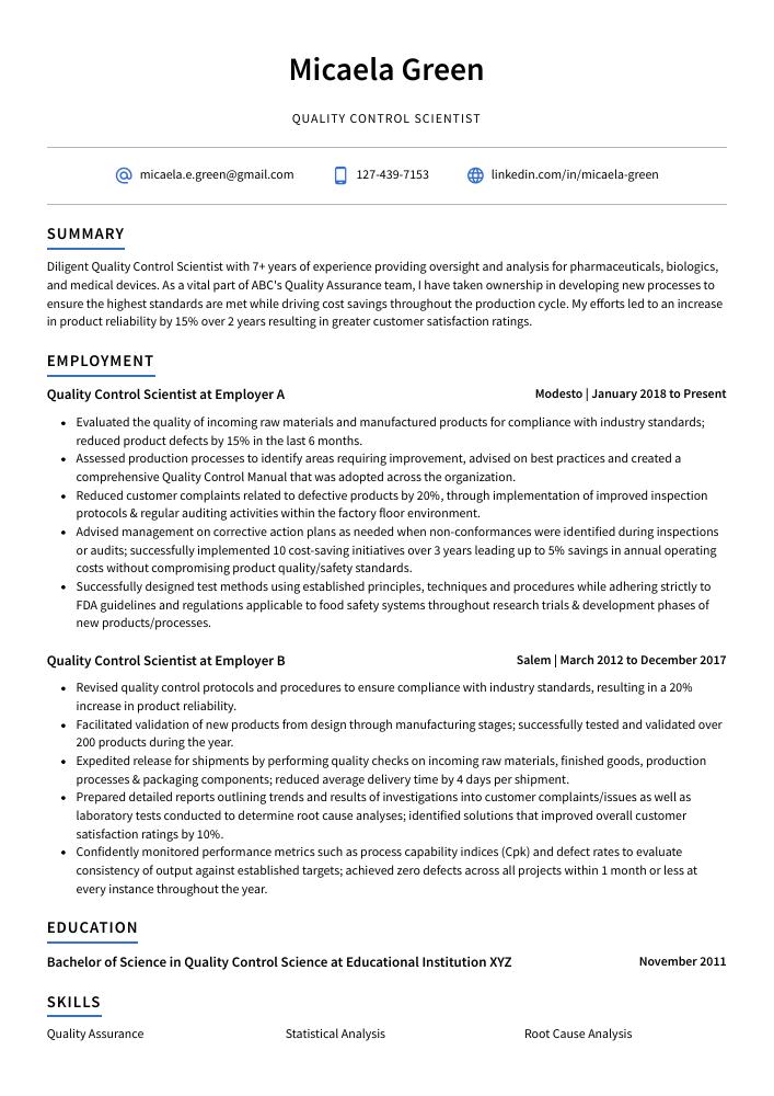 Quality Control Scientist Resume