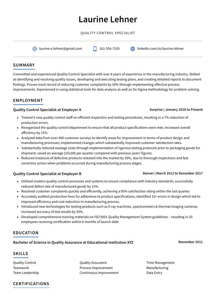 Quality Control Specialist Resume