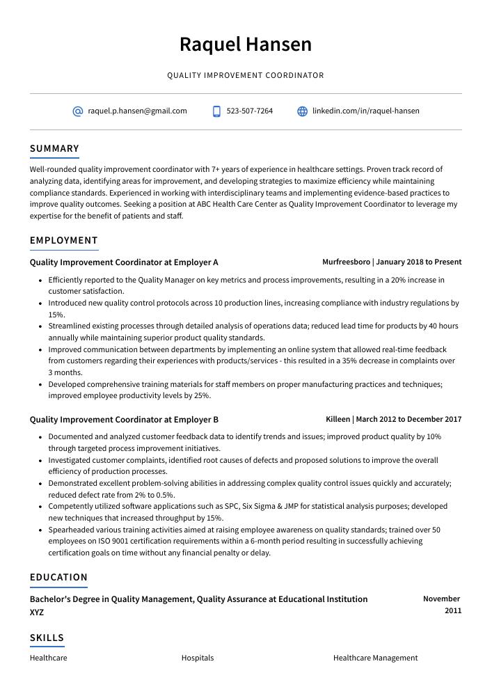 Quality Improvement Coordinator Resume