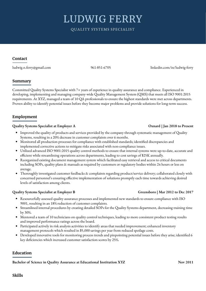 Quality Systems Specialist Resume