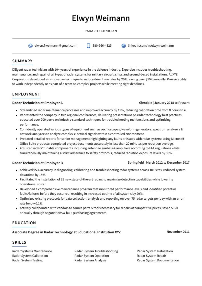 Radar Technician Resume