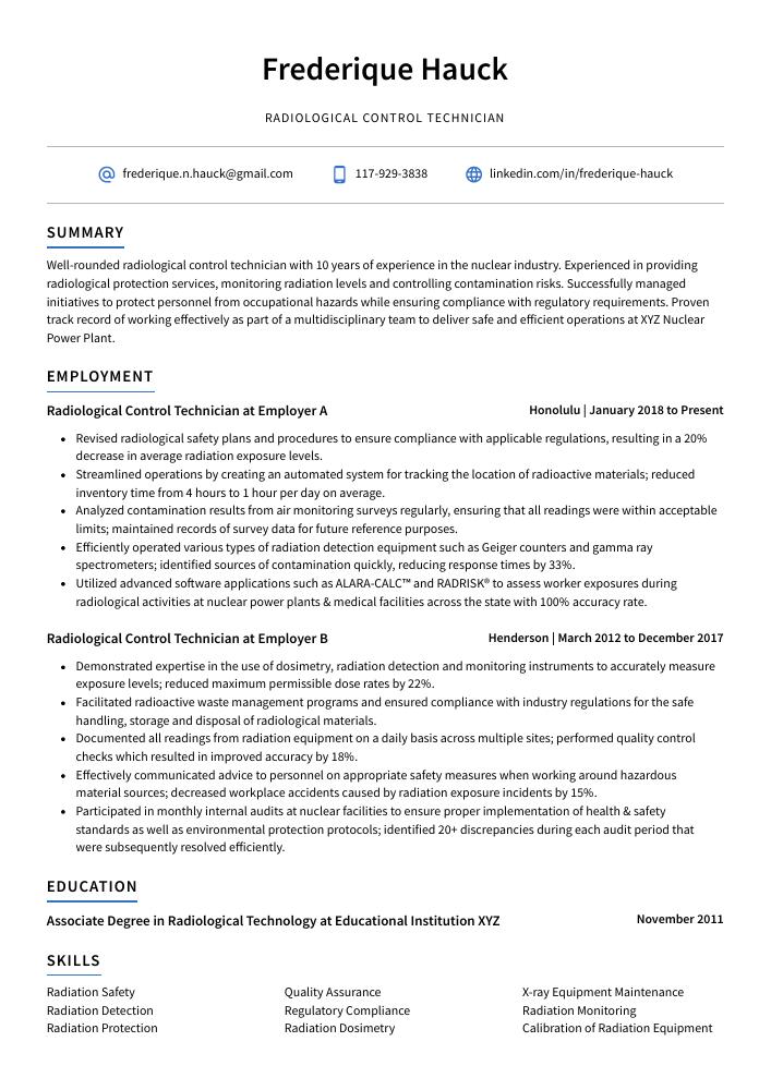 Radiological Control Technician Resume