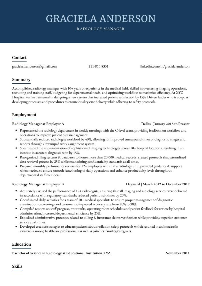 Radiology Manager Resume