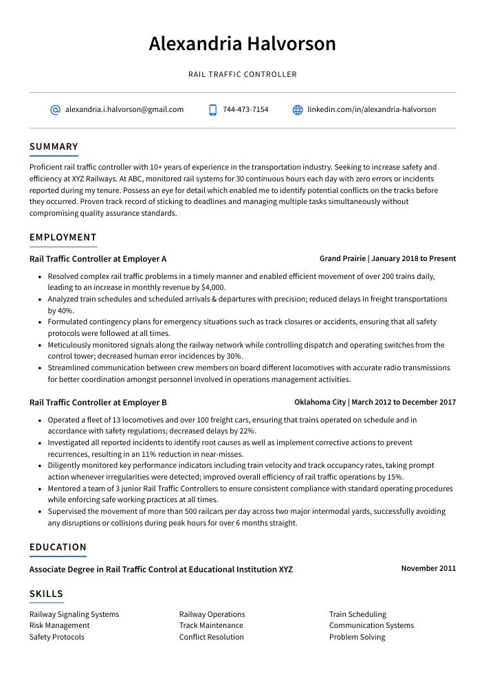 Rail Traffic Controller Resume