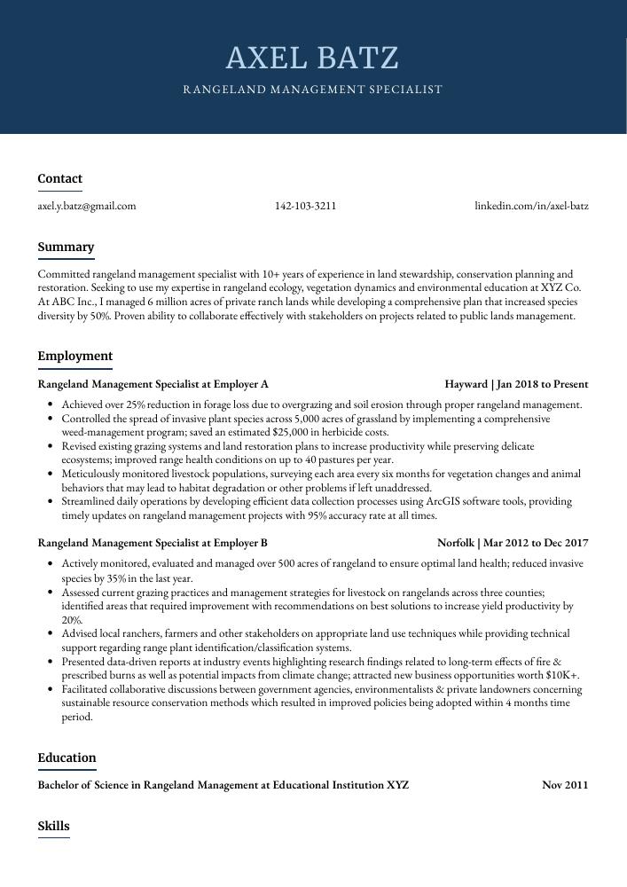 Rangeland Management Specialist Resume