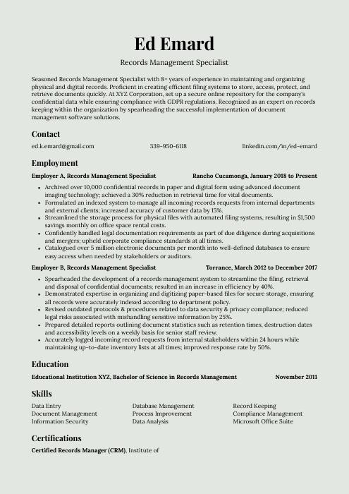 Records Management Specialist Resume Cv Example And Writing Guide 8738