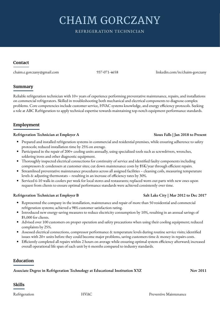 Refrigeration Technician Resume