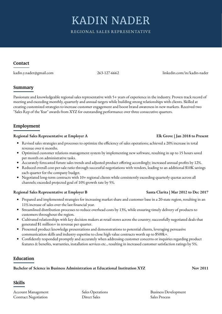 Regional Sales Representative Resume