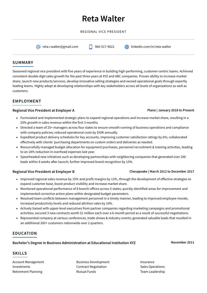 Regional Vice President Resume