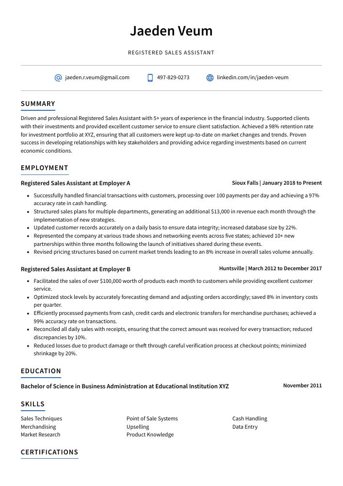 Registered Sales Assistant Resume (CV) Example and Writing Guide