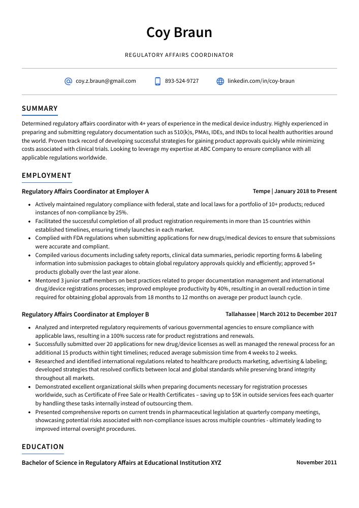 Regulatory Affairs Coordinator Resume