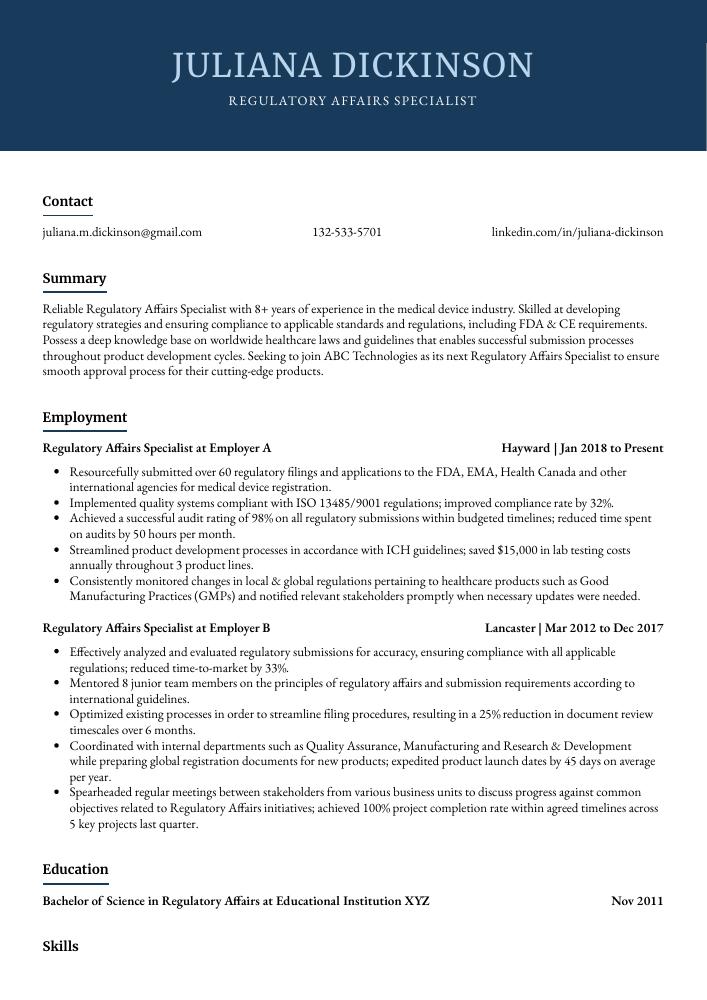 Regulatory Affairs Specialist Resume