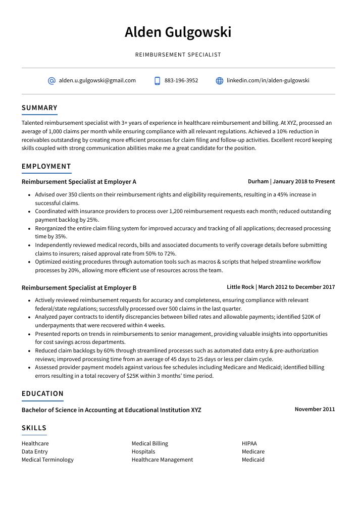 Reimbursement Specialist Resume