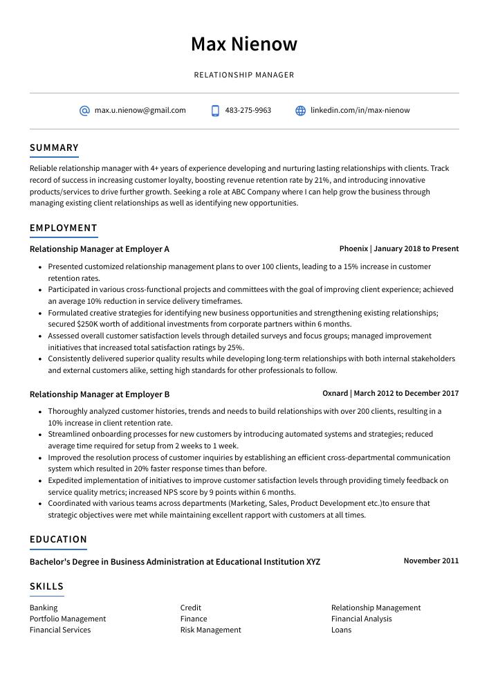 Relationship Manager Resume