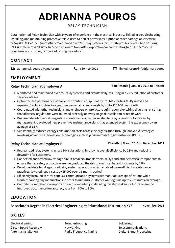 Relay Technician Resume