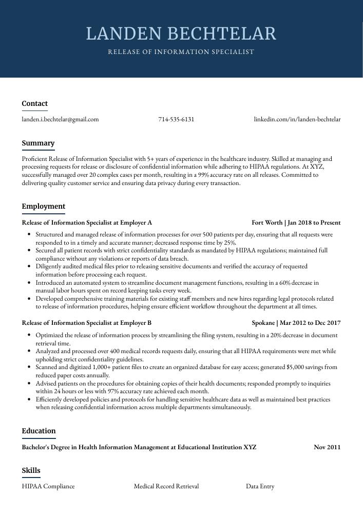 Release of Information Specialist Resume