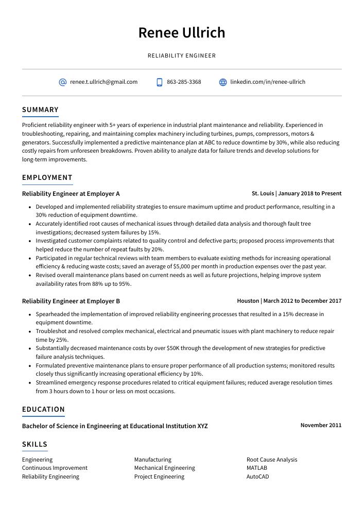 resume for maintenance reliability engineer