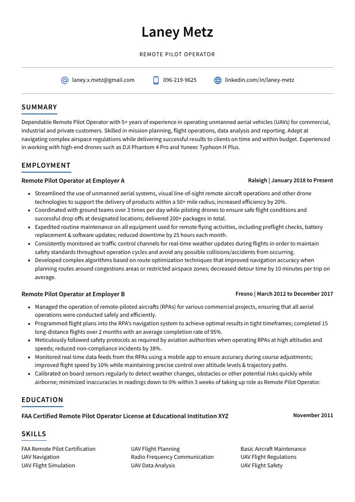 Remote Pilot Operator Resume Cv Example And Writing Guide 