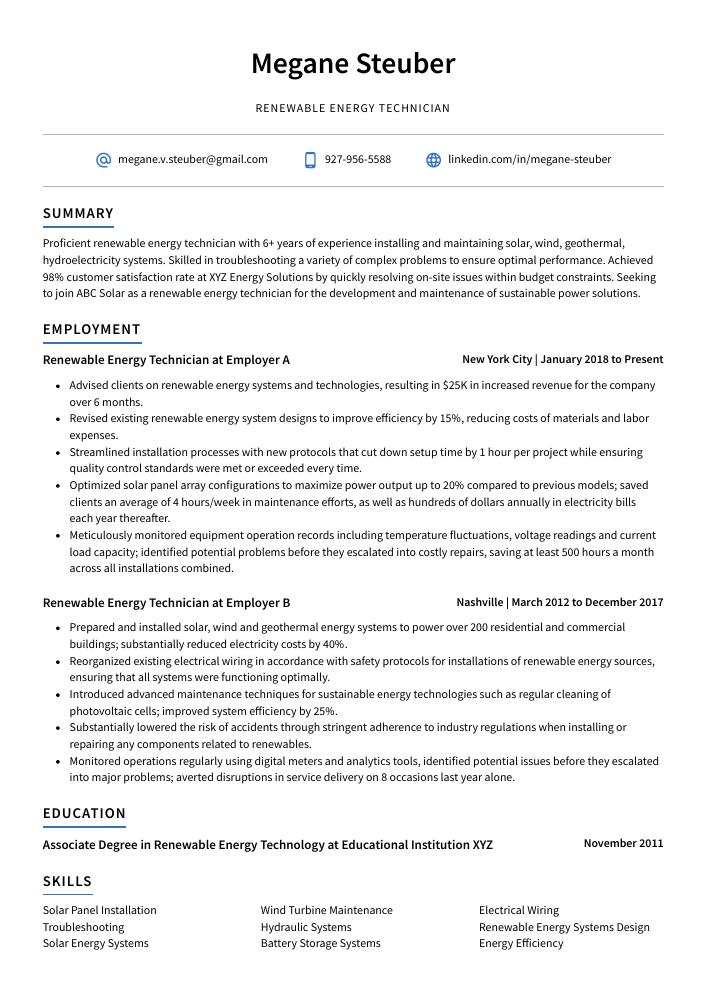 Renewable Energy Technician Resume