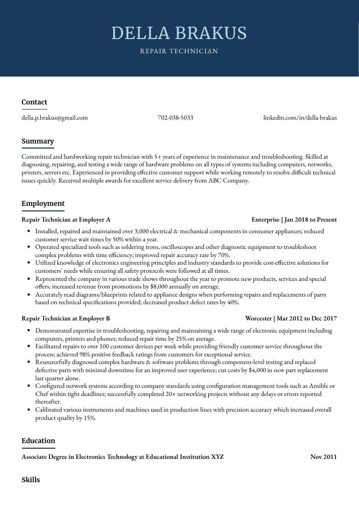 Repair Technician Resume