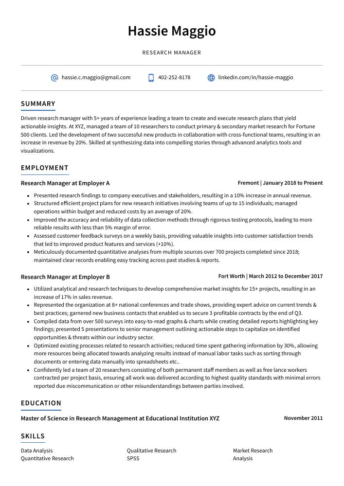 Research Manager Resume