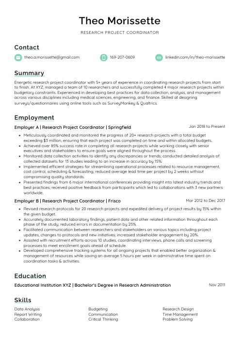 research project coordinator resume