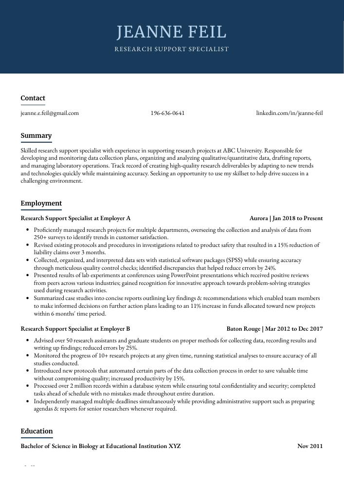 Research Support Specialist Resume