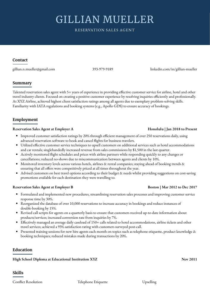 Reservation Sales Agent Resume