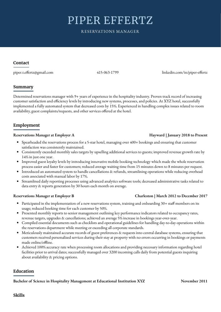 Reservations Manager Resume