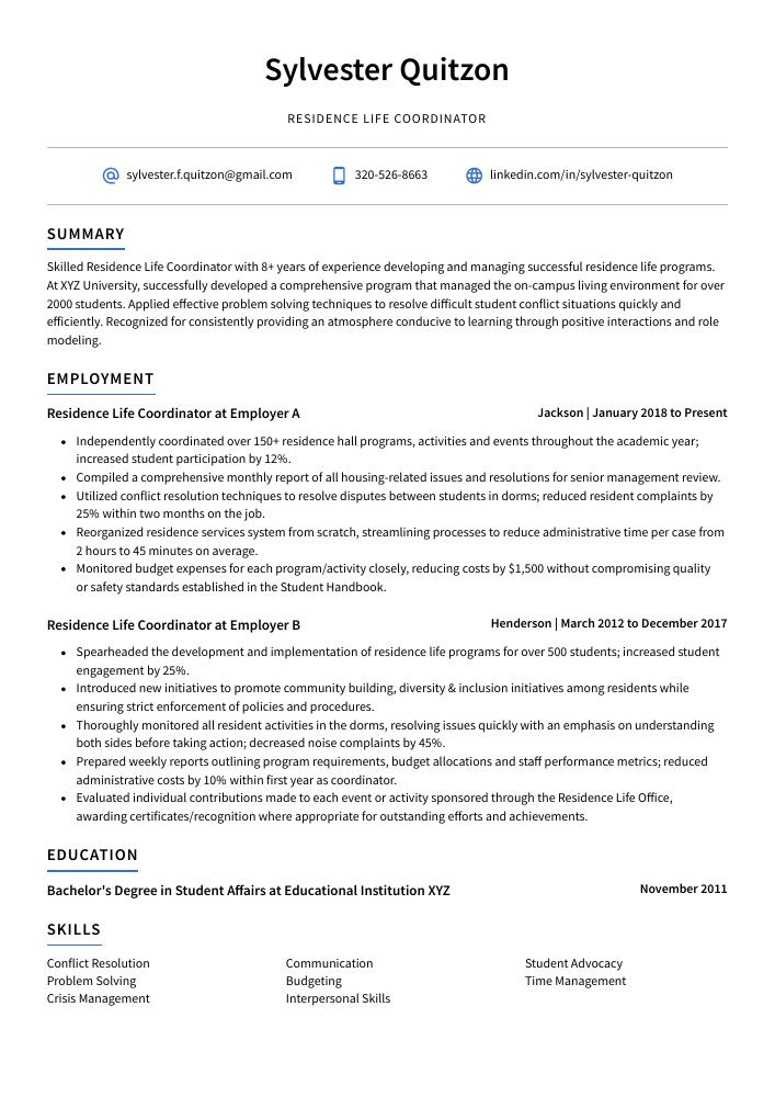 Residence Life Coordinator Resume