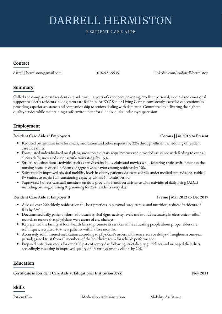 Resident Care Aide Resume