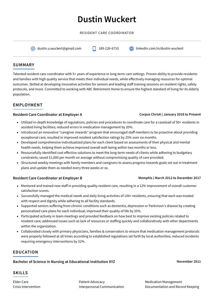 Resident Care Coordinator Resume