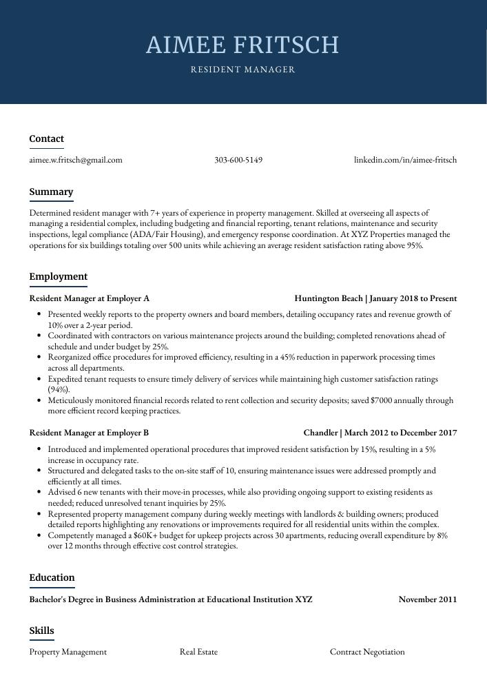 Resident Manager Resume