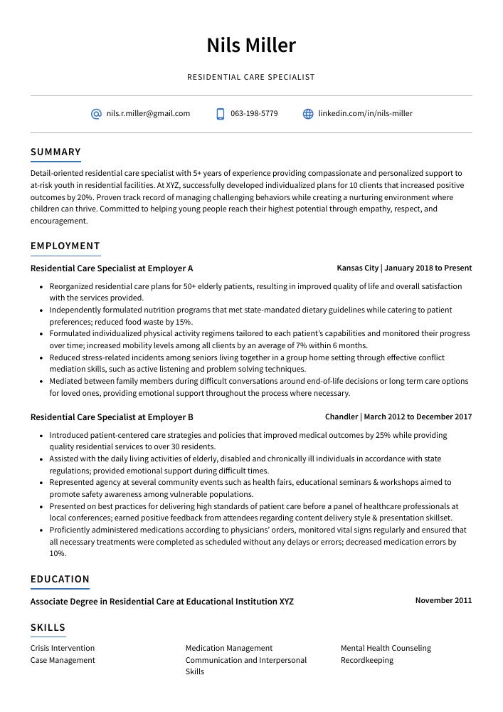 Residential Care Specialist Resume