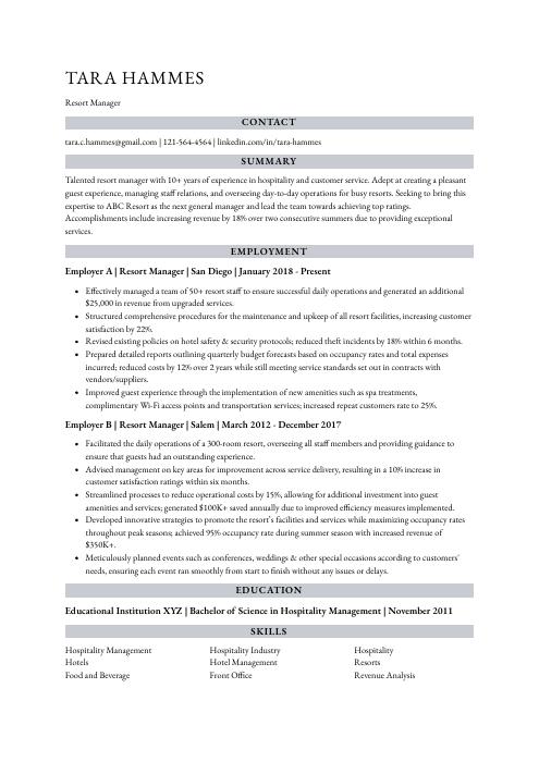 Resort Manager Resume (CV) Example and Writing Guide