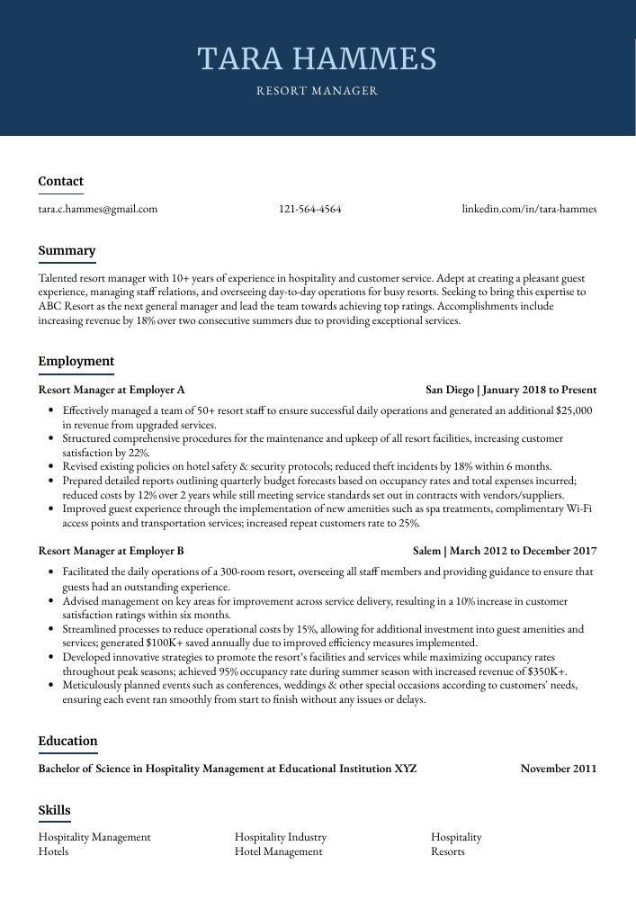 Resort Manager Resume