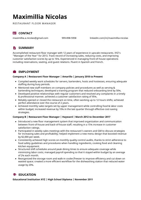 Restaurant Floor Manager Resume (CV) Example and Writing Guide