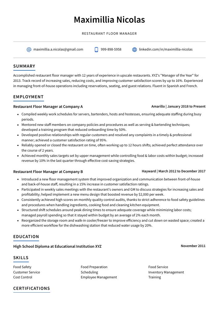 Restaurant Floor Manager Resume